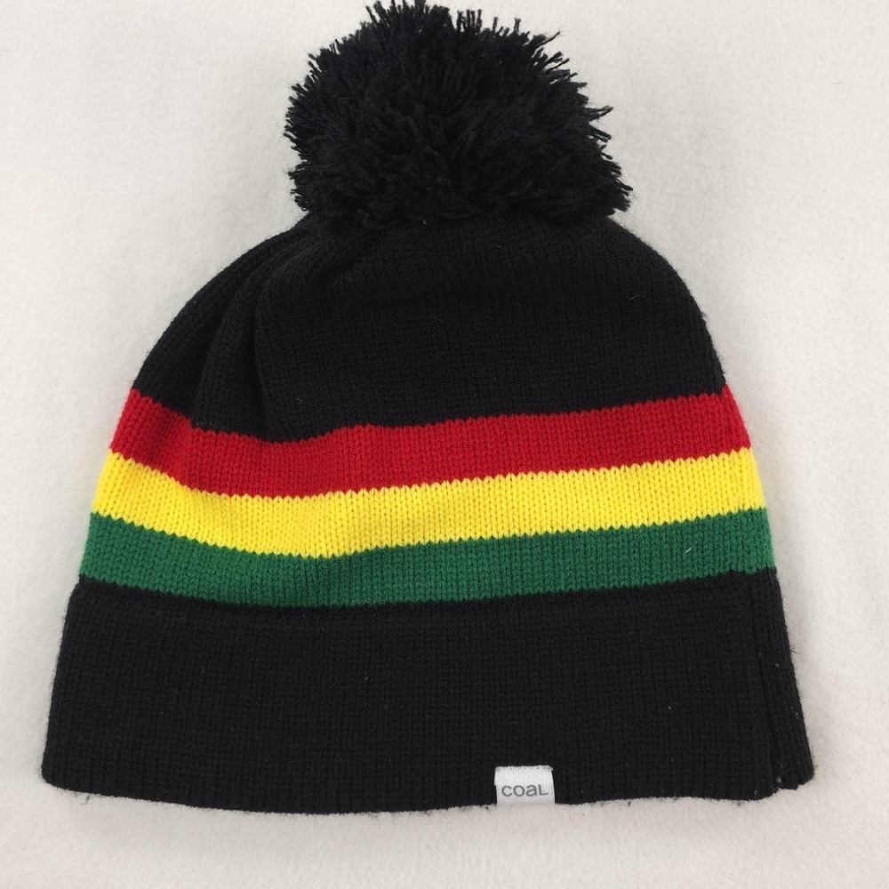 Coal Beanie Hat Mens One Size Black Rasta Stripe Pom Knit Winter Colorful